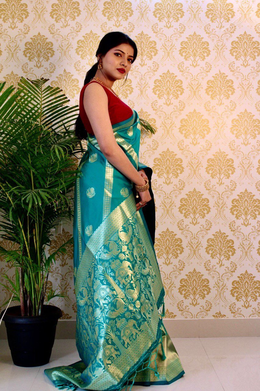 Soft Lichi Silk Teal Blue Saree - Image 3