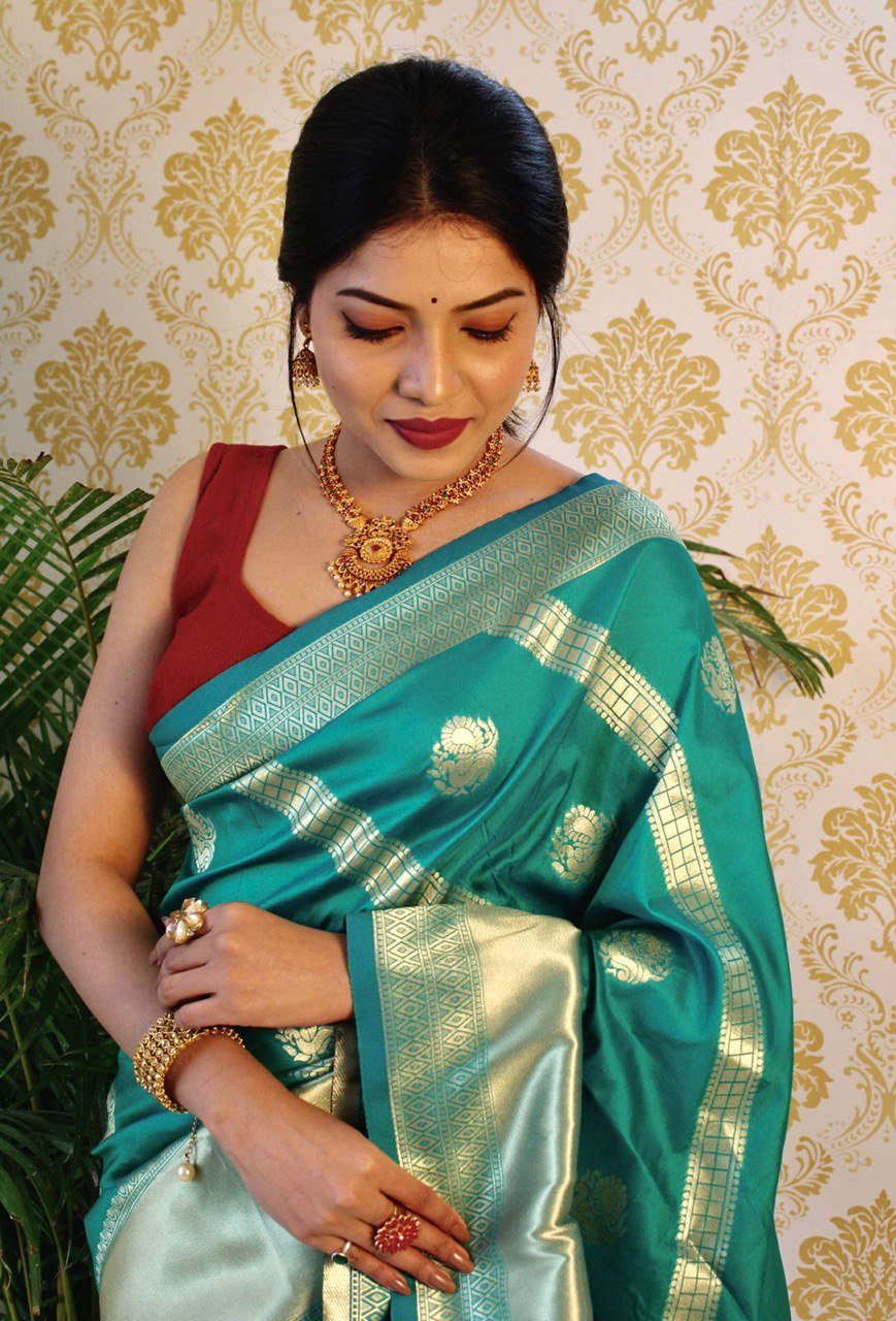 Soft Lichi Silk Teal Blue Saree - Image 2