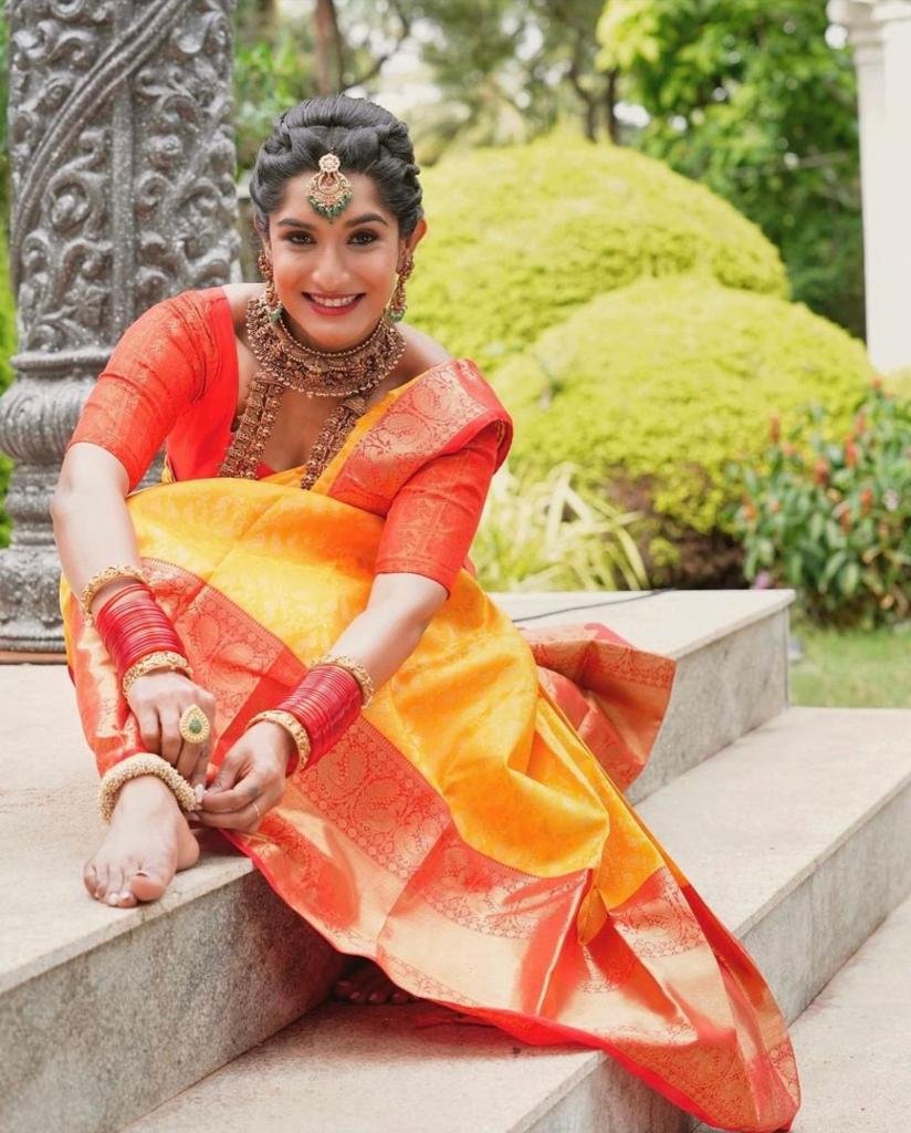 Soft Lichi Silk Saree - Yellow with Red Border - Image 2