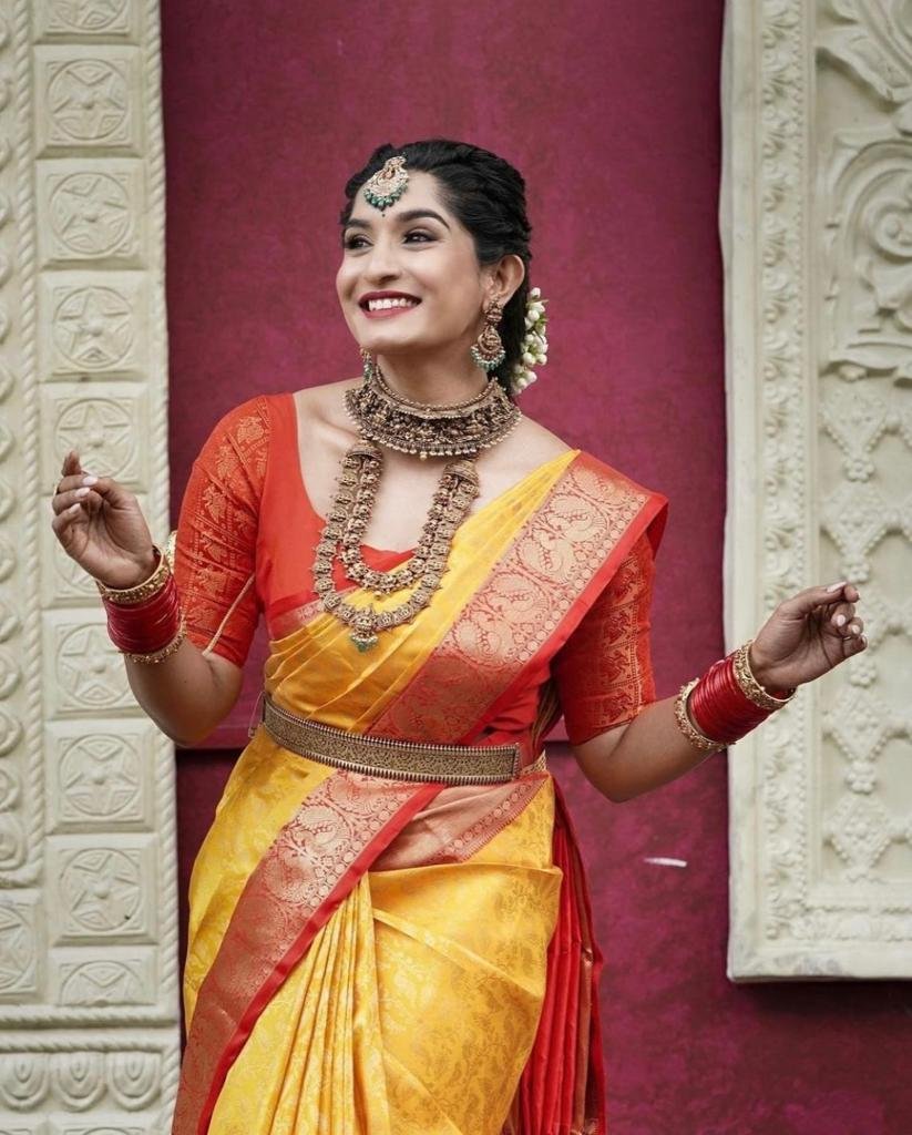 Soft Lichi Silk Saree - Yellow with Red Border