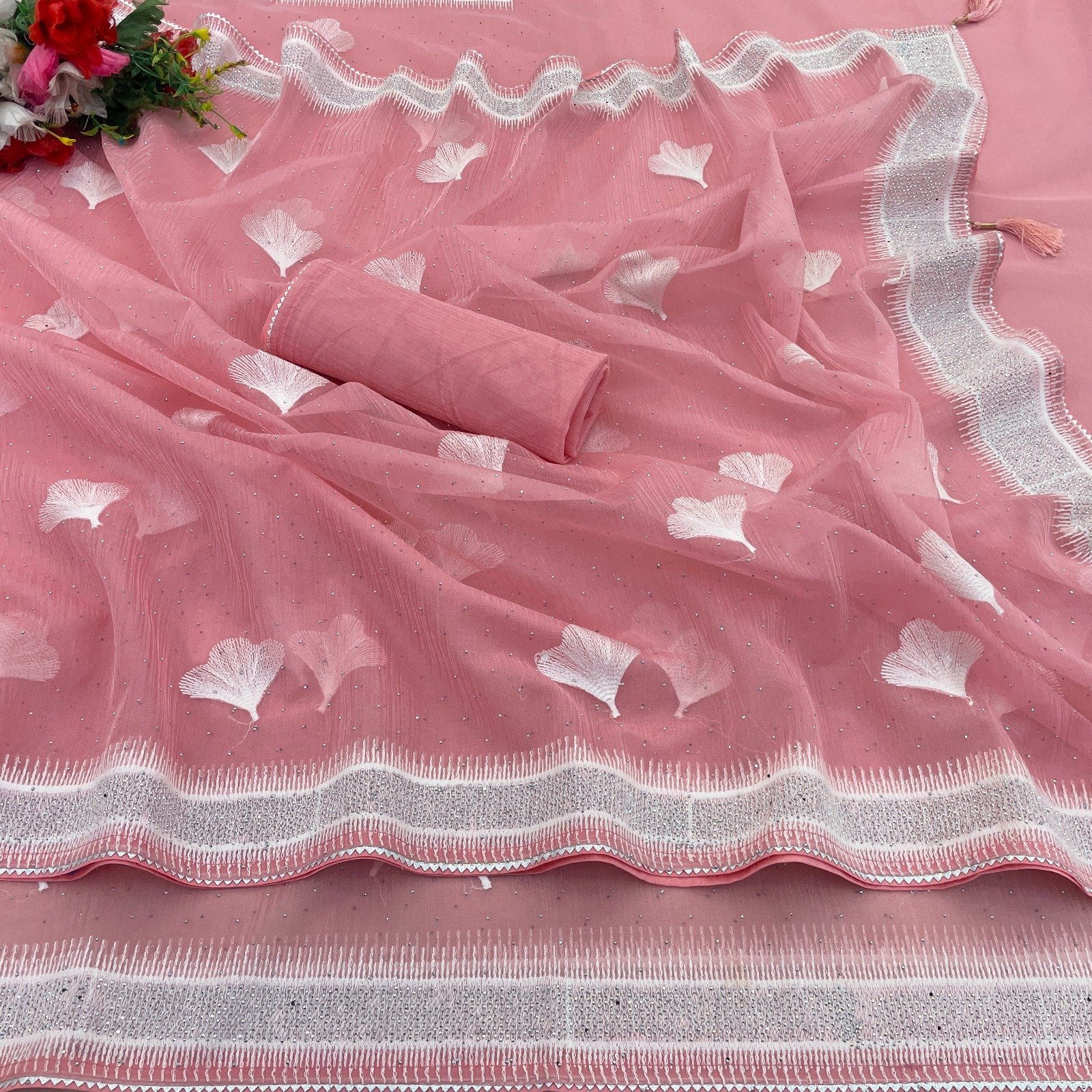 Peach Silicon Organza with Design Border