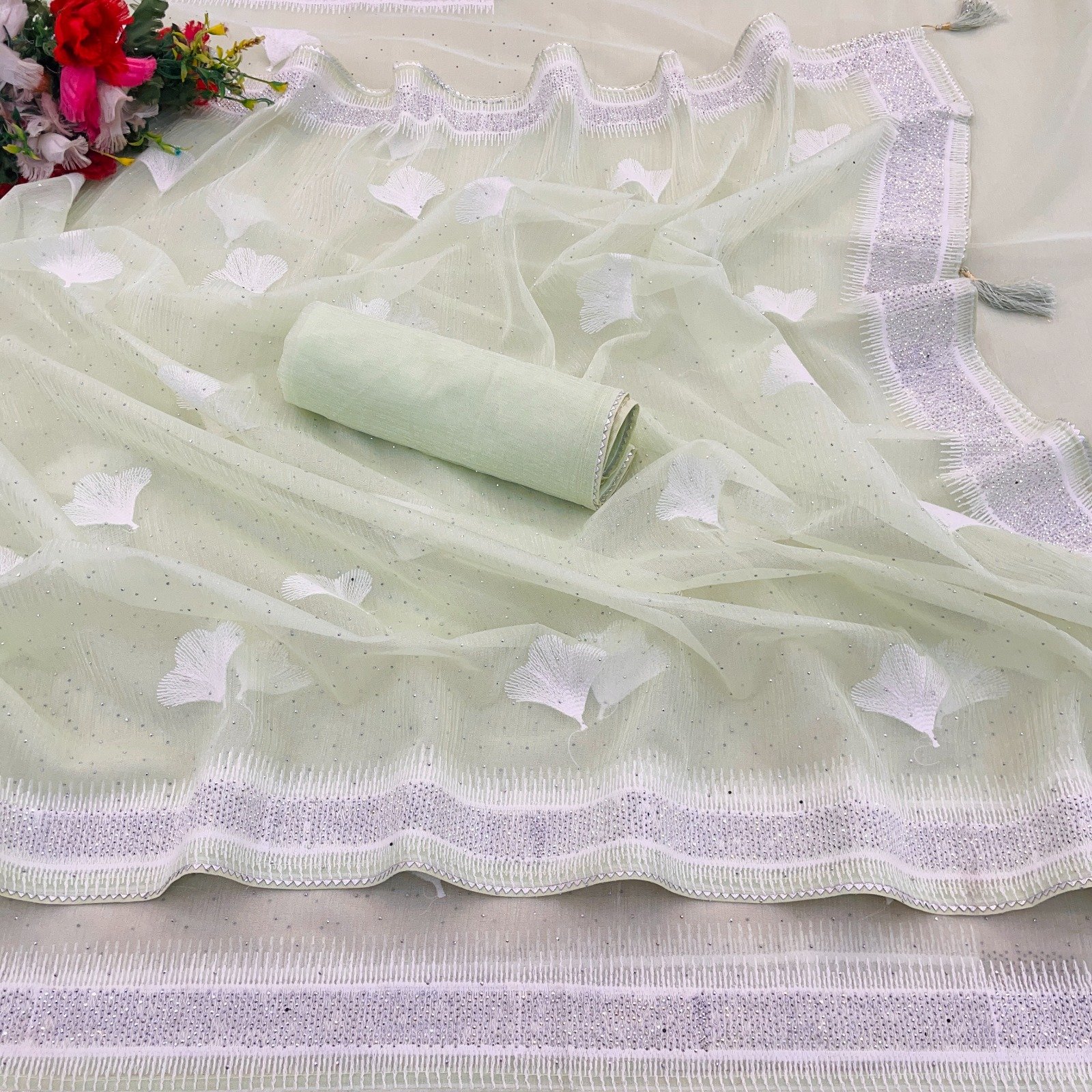 Light Green Silicon Organza with Design Border