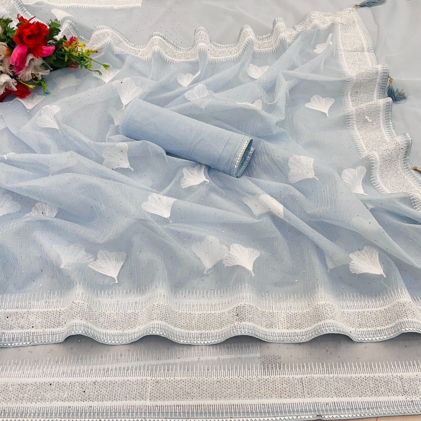 Silicon Organza Light Blue with Design Border