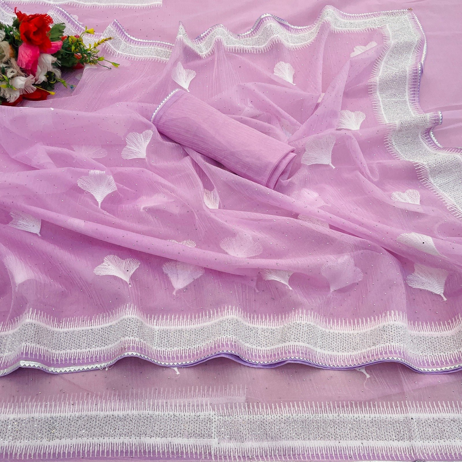 Silicon Organza Fabric with Purple Design Border