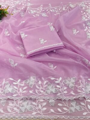 Purple Silicon Organza with Thread Work Border