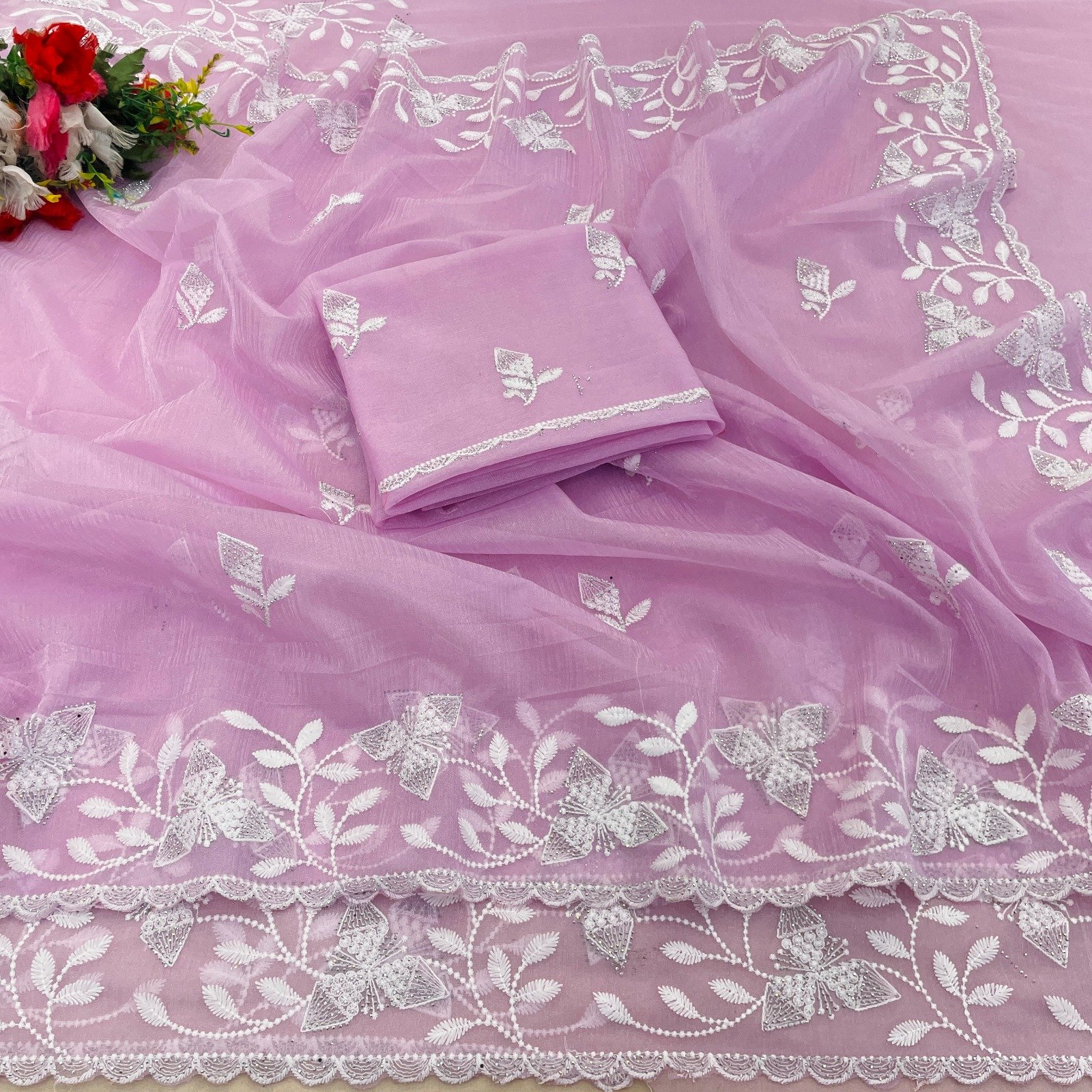 Purple Silicon Organza with Thread Work Border