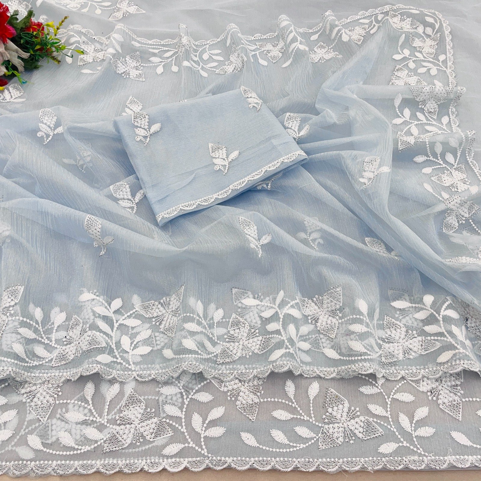 Light Blue Silicon Organza Saree with Thread Work Border