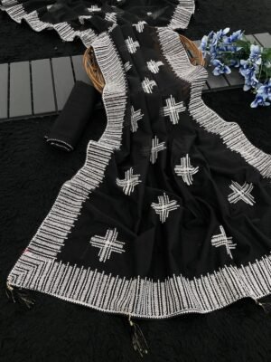 Elegant Black Silicon Organza Fabric (stone work)
