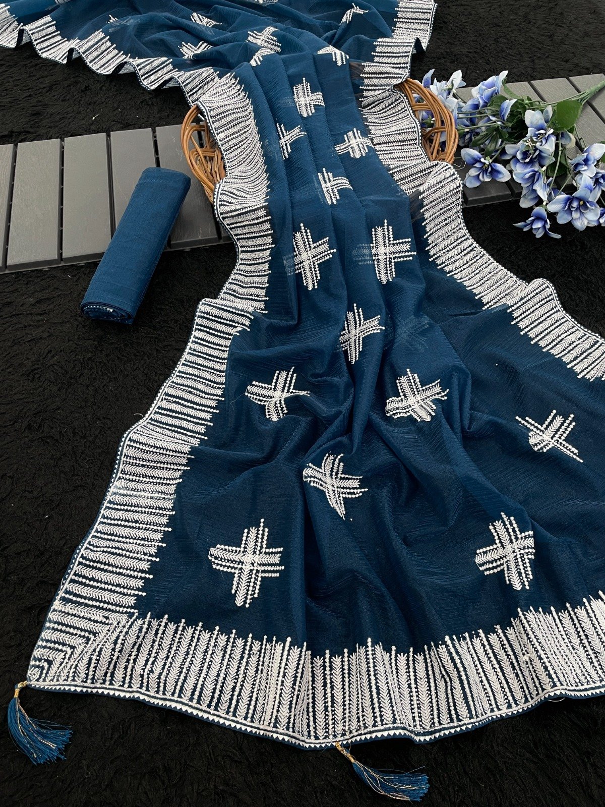 Dark Blue Silicon Organza Saree (stone work)