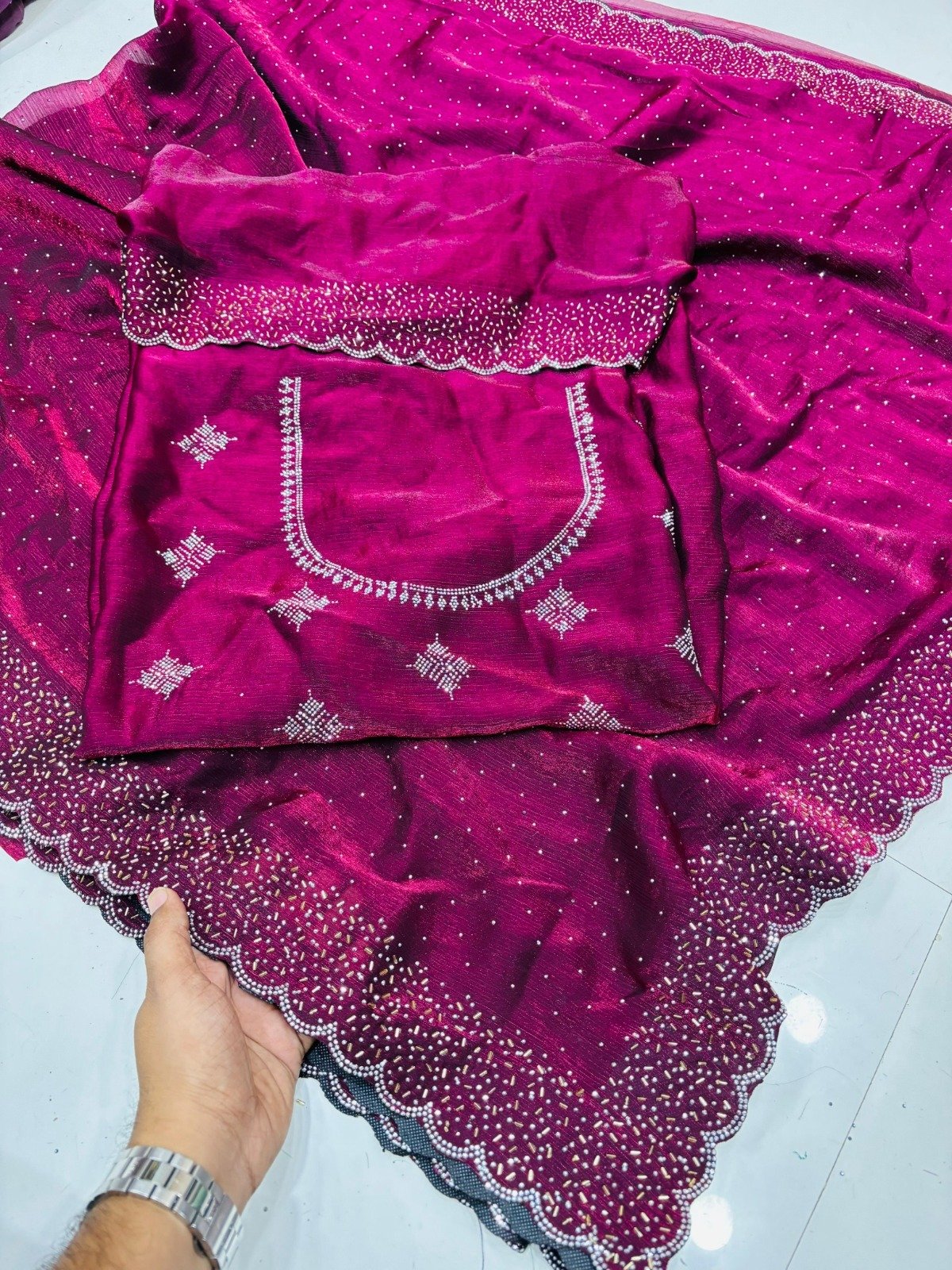 Fendy Chiffon Wine Color Stone Work Saree