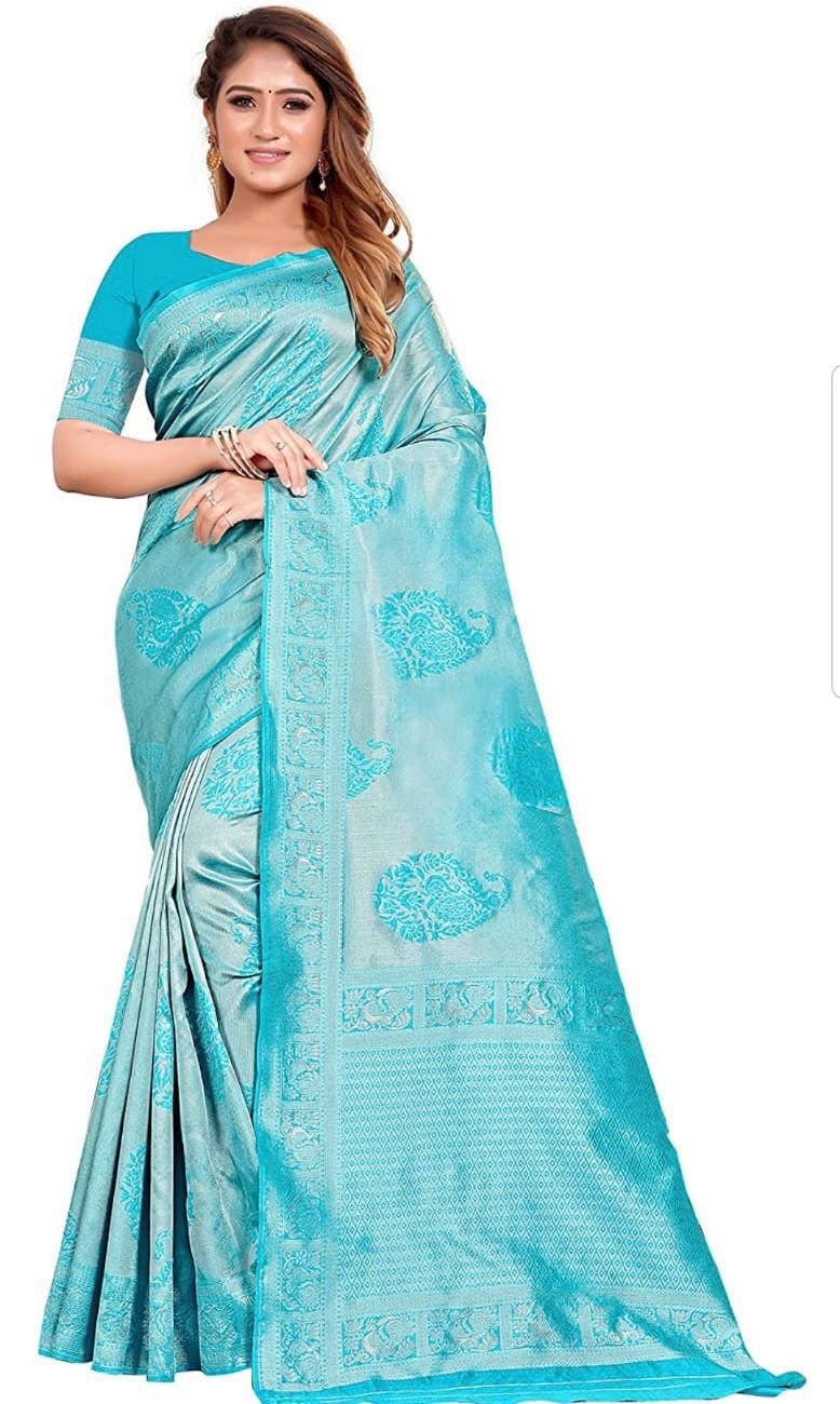 Soft Lichi Silk Saree (Sky Blue)