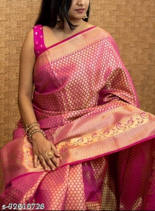 Soft Lichi Silk Saree - Pink with Designer Border - Image 2