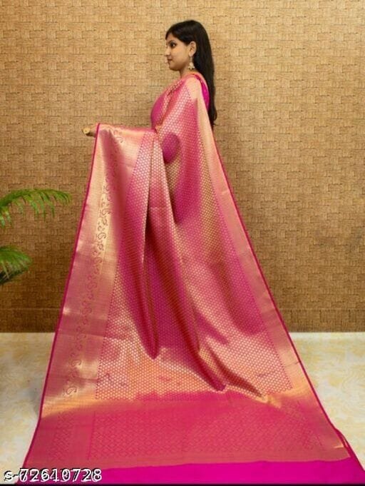 Soft Lichi Silk Saree - Pink with Designer Border - Image 3