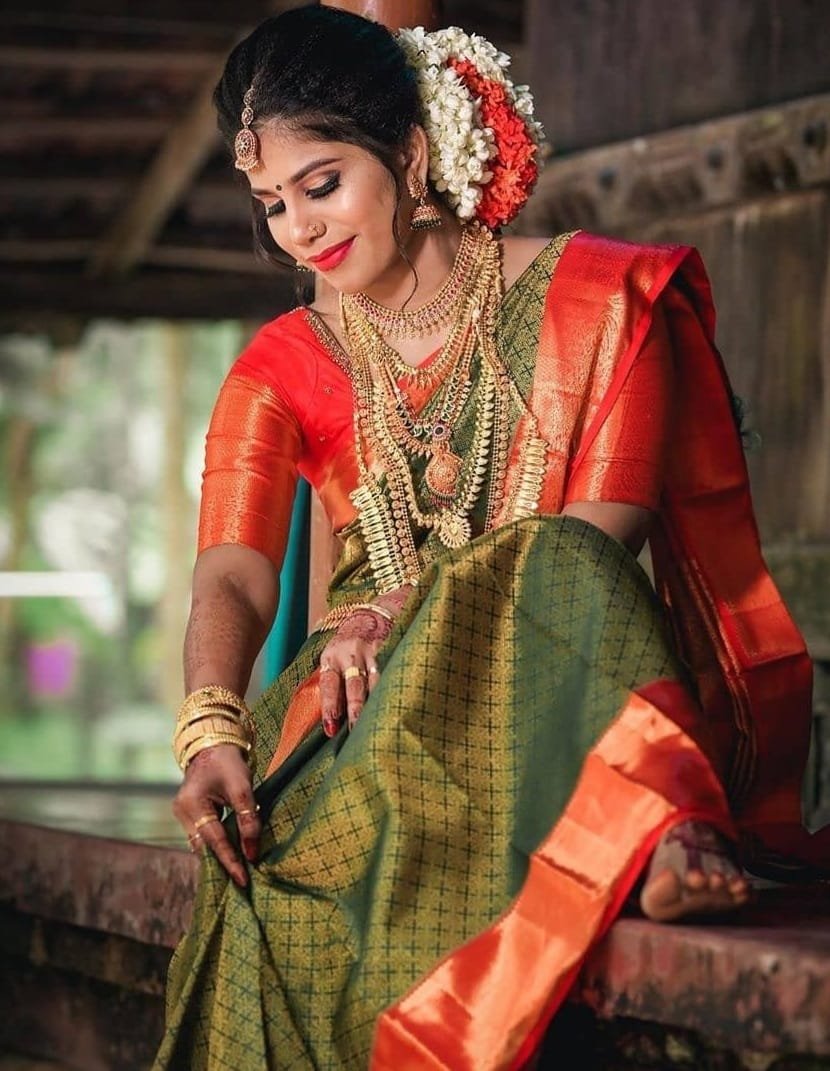 Banarasi Silk Saree - Green with Red Border - Image 2