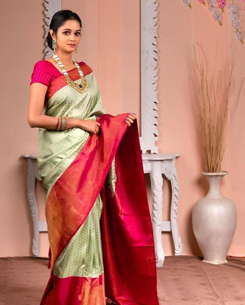 Soft Lichi Silk Saree: Light Green with Pink Border