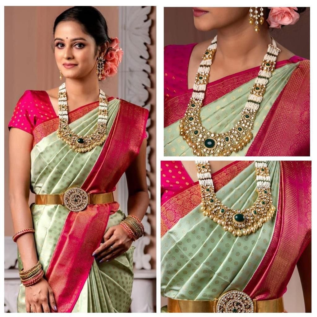 Soft Lichi Silk Saree: Light Green with Pink Border - Image 3