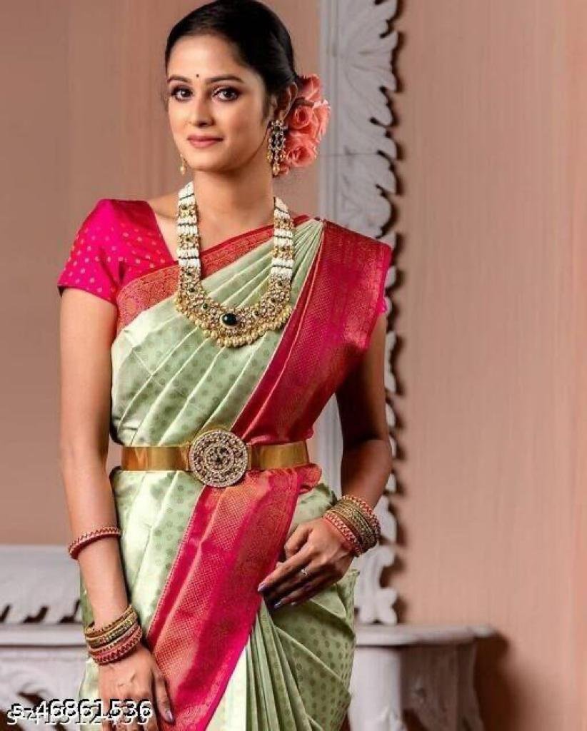 Soft Lichi Silk Saree: Light Green with Pink Border - Image 2